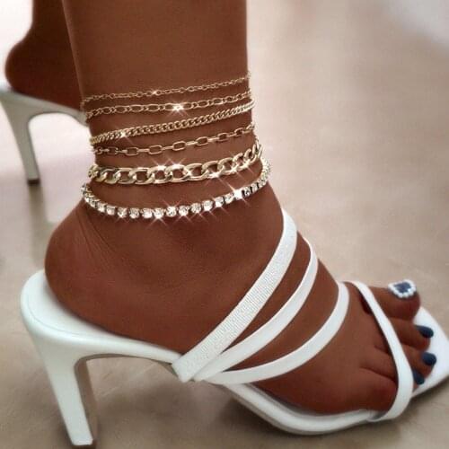 6Pcs/set Simple Fashion Multilayer Metal Chain Anklets for Women Bling Rhinestone Tennis Chain Anklet Minimalism Foot Jewelry