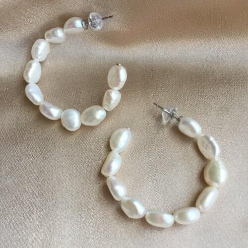 Free shipping chic women safe solid 925 sterling silver C shape genuine natural baroque pearl bead earring hoop bridal real pear