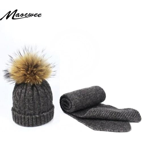 Children Real Fur Pompom Knitting Beanie Hats Scarves Set Suit Baby Hats Scarf For Boys and Girls 0-5 Years Winter Warm 2019