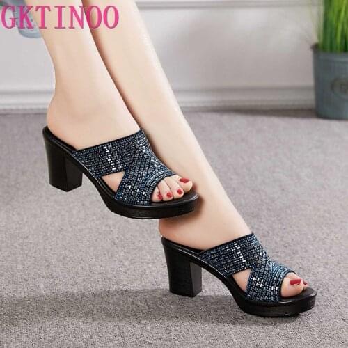 GKTINOO Genuine Leather Women Slippers 2020 Ladies Summer Slippers Shoes Women High Heels Fashion Rhinestone Summer Shoes