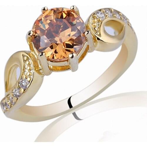 Women Gold Color 925 Silver Ring Sterling Jewelry 7mm Round Cubic Zirconia CZ Christmas Gift R018