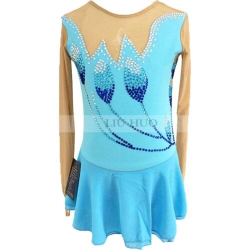 Figure Skating Dress Womens Girls' Ice SkatingDress Lake blue Elegant Chiffon Skirt White blue beautifullydecoratedwater drili