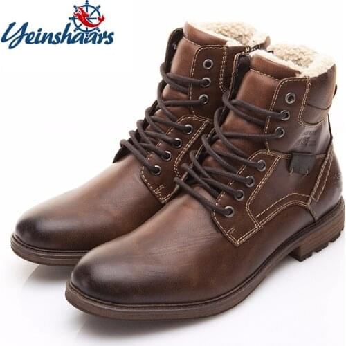 YEINSHAARS Men Boots 2021 Winter Lace Up Vintage Plush Keep Warm Ankle Snow Boots Men Footwear Leather Shoes Botas Hombre