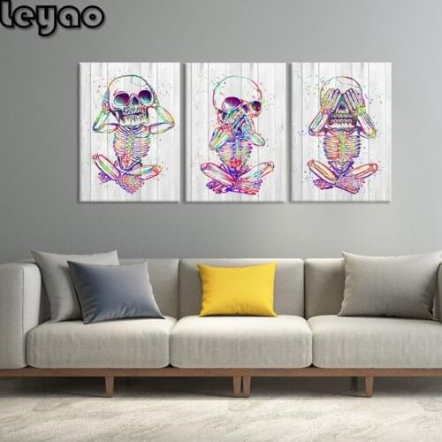 3 Pieces Funny Diamond Painting 5d Full Diamond Embroidery Hear See Speak No Evil Skeleton Colorful Skull for Living Room Decor
