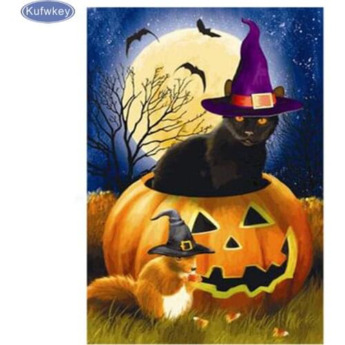 5D Diy Diamond Painting Pumpkin and black cat Picture Cross Stitch Kits rhinestones Diamond mosaic Embroidery Halloween decor