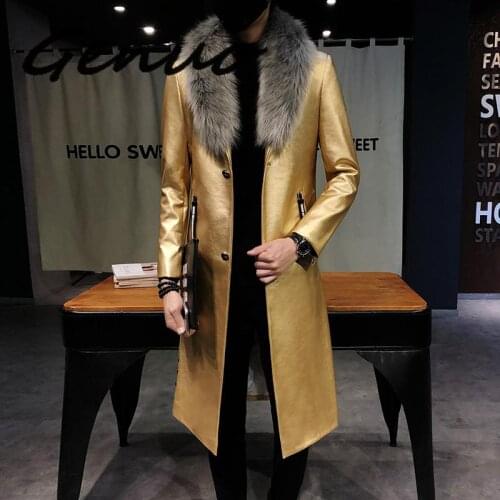 Gwnuo New 2019 Mens Faux Leather Trench Coats Men Overcoats Luxury Veste Homme Gold Long Coats Slim Fit Chaqueta Cuero Hombre