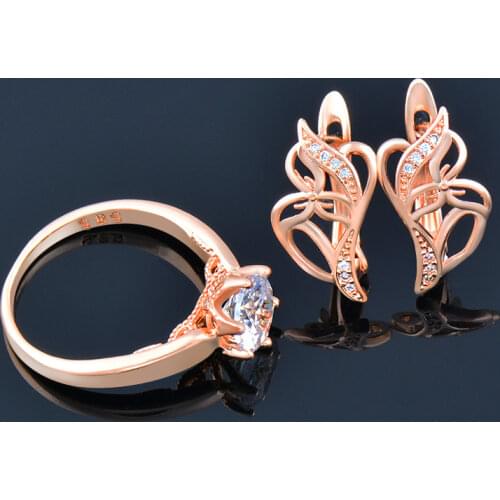 LEEKER 2021 New Vintage Hollow Water Drop Zircon Hoop Earrings for Women Wedding Ring 585 Rose Gold Color Jewelry Sets 047 LK6