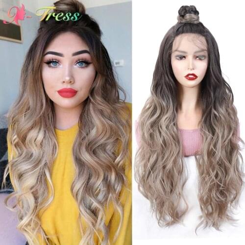 X-TRESS Lace Front Wig Ombre Brown Blonde Synthetic Wigs for Women Long Loose Wave Moon Part Lace Wig Heat Resistant Fiber Hair