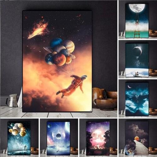 Funny canvas painting astronauts put balloons in outer space living room wall pictures HD printable living room posters
