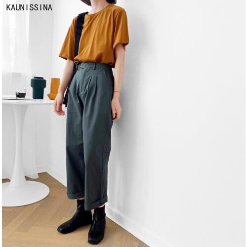 High Waist Pants Women Cotton Straight Wide Leg Pants Spring Autumn College Student Ankle-Length Pants Lady Office Wear Trousers