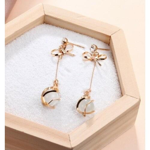 2021 Trend Opal Bowknot Dangle Earrings For Women Ladies Natural Stone Long Tassel Drop Earrings Party Wedding Fashion Jewelry
