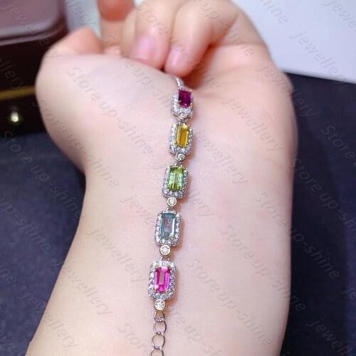 Natural Tourmaline Bracelet 925 Silver Womens Bracelet Candy Color Simple and Cute