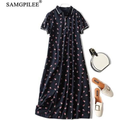 Casual Dress Summer 2021 New Strawberry Pattern Printing Big Pocket Over The Knee Polo Collar Short Sleeve T-shirt Dresses Women