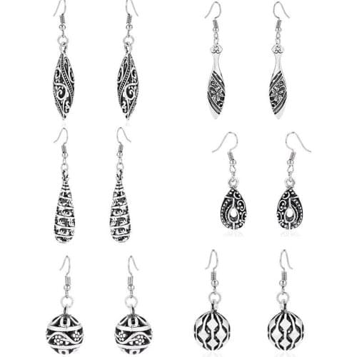 1pair Antique Silver Color Round/Water Drop Charms Pendant Earrings Ethnic Hippy Boho Dangle Statement Earring