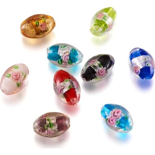 100pcs Mixed Color Handmade Foil Glass Lampwork Beads Oval with Flower for Bracelets Earrings Jewelry Making DIY 10pcs/Color
