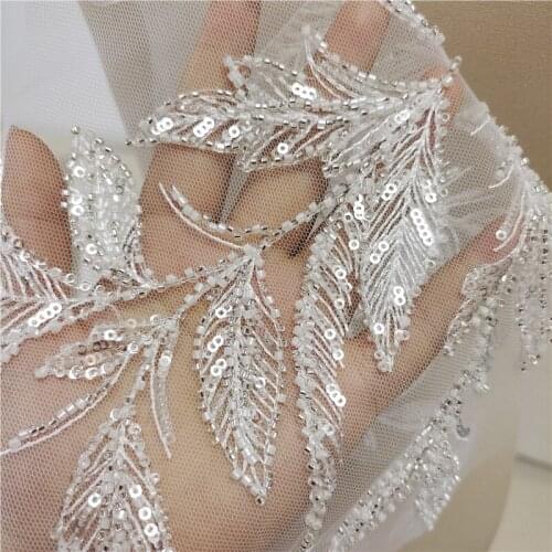 2Pcs/Lot Embroidery Nail Bead Sequin Leaf Flower Lace Applique Clothing Front Chest Patch Wedding Dress Veil Decorated Fabric