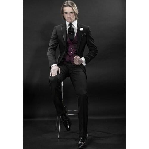 Custom Made Mens Suits Groomsmen Notch Lapel Groom Tuxedos Black Wedding Best Man Suit (Jacket+Pants+Tie+Vest+Hankerchief) A10