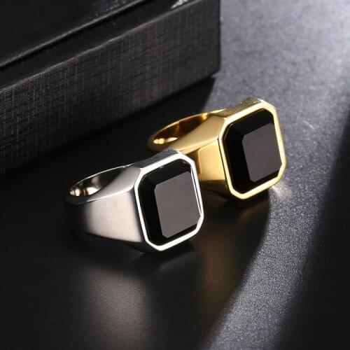 Stainless Steel Business Mens Ring Titanium Steel Square Geometric Obsidian Ring Luxury Jewelry