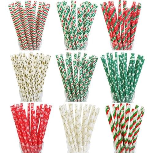 Disposable Drinking Straws Christmas Party Supplies Biodegradable Paper Straw Xmas Home Kitchen Dinnerware Tableware 25pcs/bag