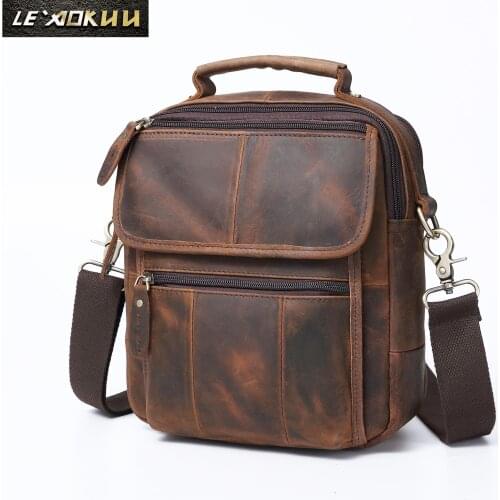 Original Leather Male Fashion Casual Tote Messenger bag Design Satchel Crossbody One Shoulder bag 9" Tablet Pouch For Men 038
