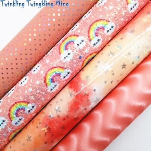 Rainbow printed Glitter Leather Fabric , Gold Dots Printed Faux Synthetic Leather Fabric For Bow 21x29CM Twinkling Ming KM418