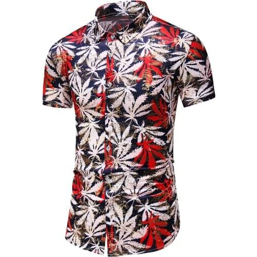 Summer Men Jacquard print Leaves Hawaiian vacation Beach Short sleeve shirts Slim casual Dress Flower shirt camisa masculina