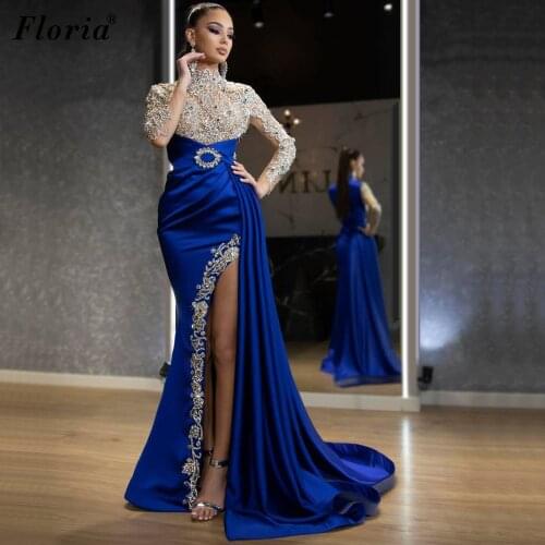 Long Sleeves Royal Blue Evening Dresses Crystals Beads Evening Gowns For Women Party Elegant Formal Celebrity Dresses Wedding