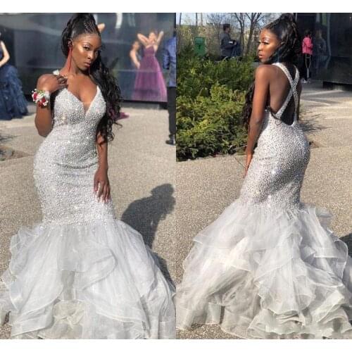 Sexy V Neck Crystals Beads Mermaid Wedding Dresses Sweep Train Crosscriss Bridal Gowns with Ruffles
