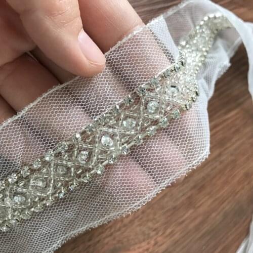 5.7 Yards Beaded Crystal Rhinestones Pearls Mesh Lace Trim Embellishment Applique Handmade Imitation
