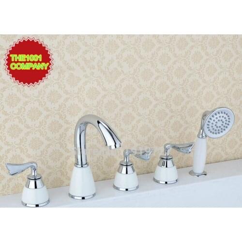 Vidric Three Handles Curve Spout Bar Faucet Widespread Roman Tub Bathtub Mixer Taps Lavatory Plumbing Fixtures with Shower Arm C