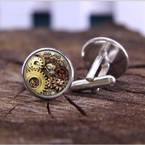 20mm cufflinks fashion handmade retro steampunk mechanical watch glass mens shirt jewelry cufflinks wedding accessories