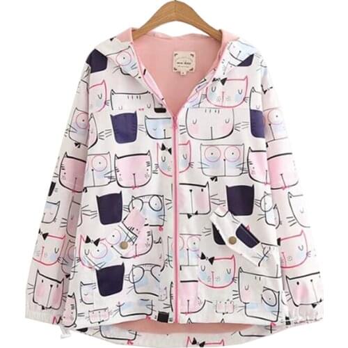 Spring Kawaii Cat Print Jacket Zipper Hooded Baggy Harajuku Coat Female New Long Sleeve Women Clothing Thin Windbreaker Jackets