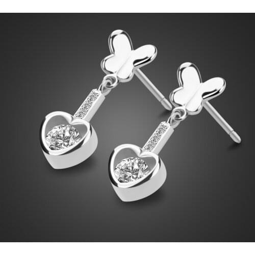 Fine solid silver heart Stud earrings Fashion women 100%925 sterling silver butterfly earrings charm rose gold jewelry Gift