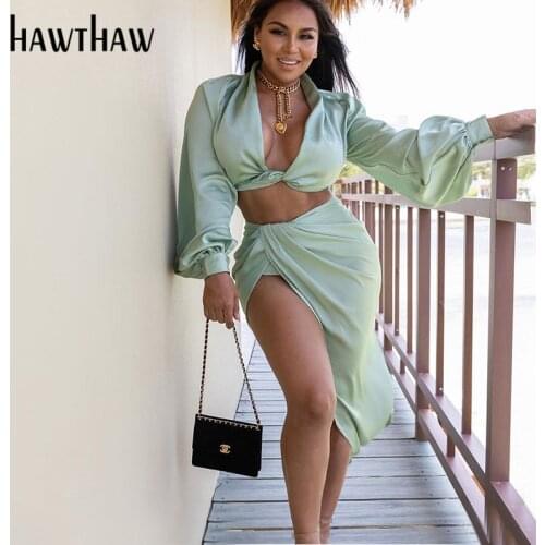 Hawthaw Women Autumn Winter Long Sleeve V Neck Crop Tops Open Fork Split Skirt Satin Two Piece Sets 2020 Fall Clothes Streetwear