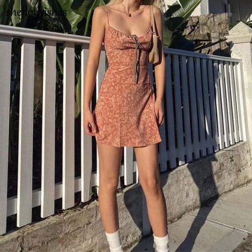 Sleeveless dress women 2021 sexy mini dresses floral spaghetti strap dress vintage A line dresses elastic bow tie dress party