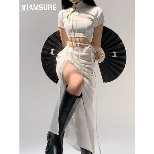 IAMSURE Chinese Style Sexy Slim Bandage Dress Set Women Hollow Out Short Sleeve Crop Tops Drawstring Split High Waisted Skirts
