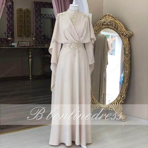 Beige Abiye Evening Dress Lace Embroidery Robe de soiree High Collar Long Formal Dress Women Party Nighes 2020 vestido de festa