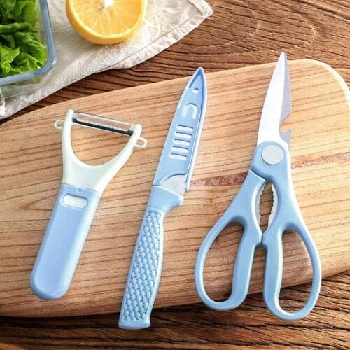 3Pcs/Set PP+Stainless Steel Kitchen Scissors Planing Knife Fruit Knife Suit Household Multifunction Food Knife Manual Blue Pink