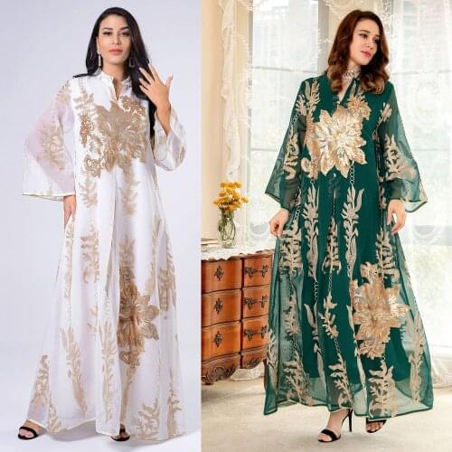 AB056 Maxi Dress Golden Sequins Embroidery Gauze White Abaya Woman Muslim Female Jalabiya Arabic Elegant Clothing Long Sleeves