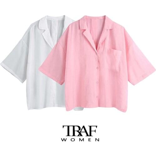 TRAF Za Women Fashion With Pockets Oversized Side Vents Blouses Vintage Short Sleeve Button-up Female Shirts Chic Tops