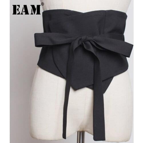 [EAM] 2021 New Spring Summer Black Brief Irregular Split Joint Bow Personality Long Wide Belt Women Fashion Tide All-match JW194