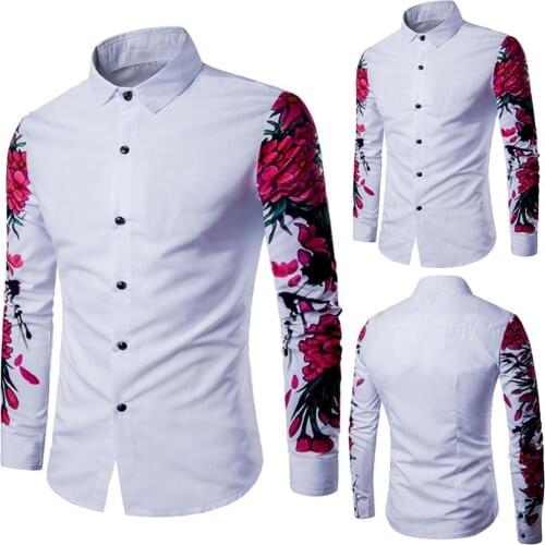 Casual Men Solid Color Floral Print Long Sleeve Buttons Down Slim Shirt Blouse Long Sleeve Casual S-lim Fit Male Shirts