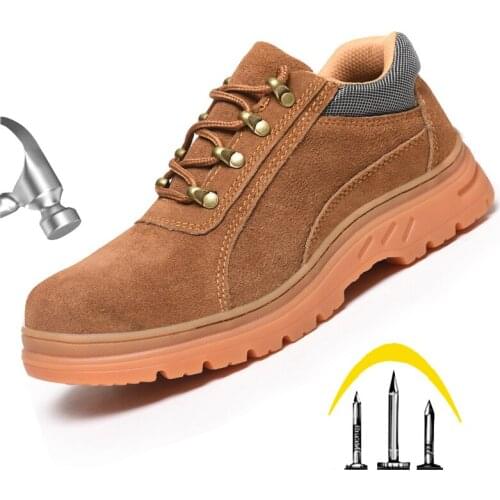 Mens Steel Toe Cap Work Safety Shoes Outdoor Indestructible Safety Boots Brown Man Anti-Smashing Puncture Proof Protective Shoes
