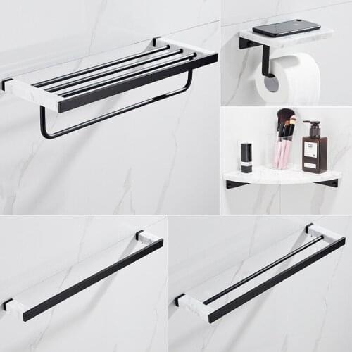 Bathroom Accessories Set Towel Rack Paper Holder Corner Shelf Towel Bar Toilet Brush holder Marble Black Bathroom Hardware Set