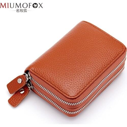 Genuine Leather Cow Leather Unisex Solid Card & ID Holders Double Zipper Box Wallet Casual Pouch Men Women 6 Colors AvailableW75
