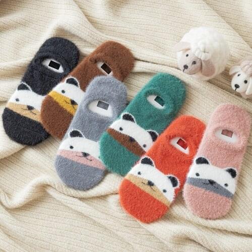 Cartoon Socks Women Short thick Invisible Warm Socks Winter Harajuku Slippers Low Cut Pet Socks Panda Bear Cute Ankle Sock Girls