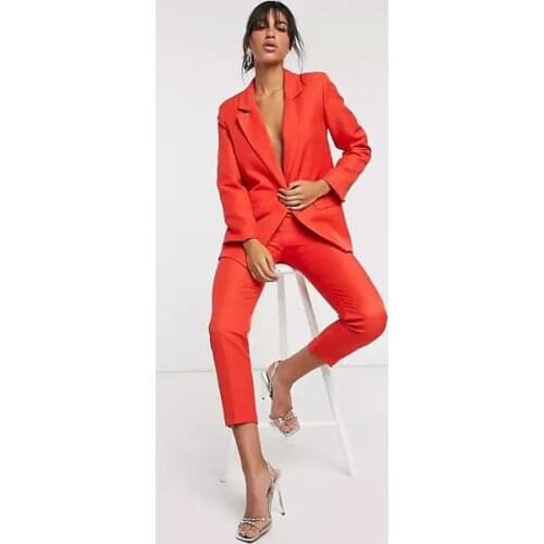 Orange Single Breasted Notch Lapel Business Office Lady Womens Suit Set For Work Slim Fit Casual Plus Size Jacket Blazer Pants