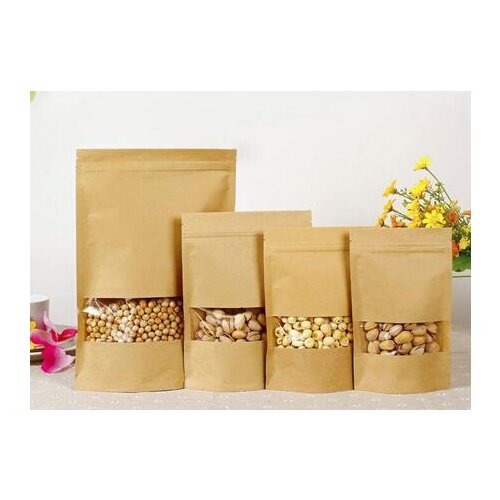 Ziplock bags stand up brown kraft paper pouch,100pcs/lot Recycled small kraft bag transparent window kahki food storage bag