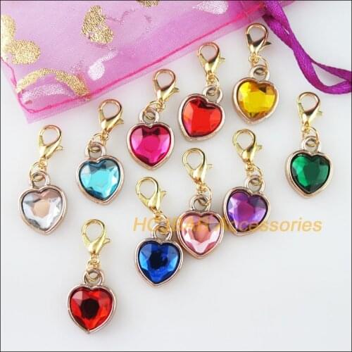 10Pcs KC Gold Plated Mixed Acrylic Heart With Lobster Claw Clasps Charms 12.5x16.5mm