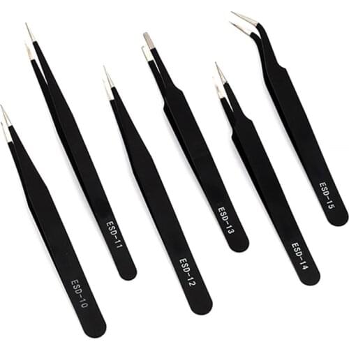6Pcs/Set Industrial Tweezers Anti Static Tweezers Set Black pointed elbow ESD precision tweezers disassembly tool